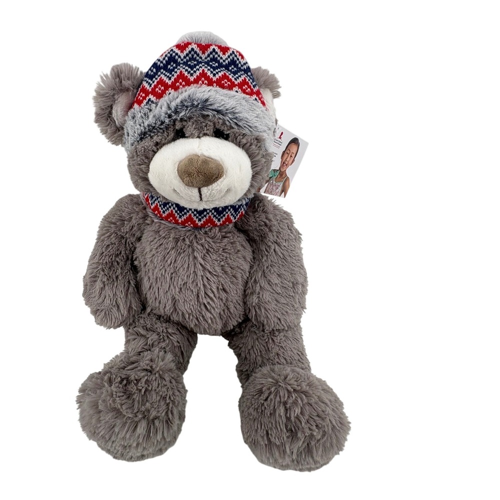 Gentle Treasures Plush Toy 16in Grey Teddy‎ Bear Winter Knit Hat Scarf St Jude